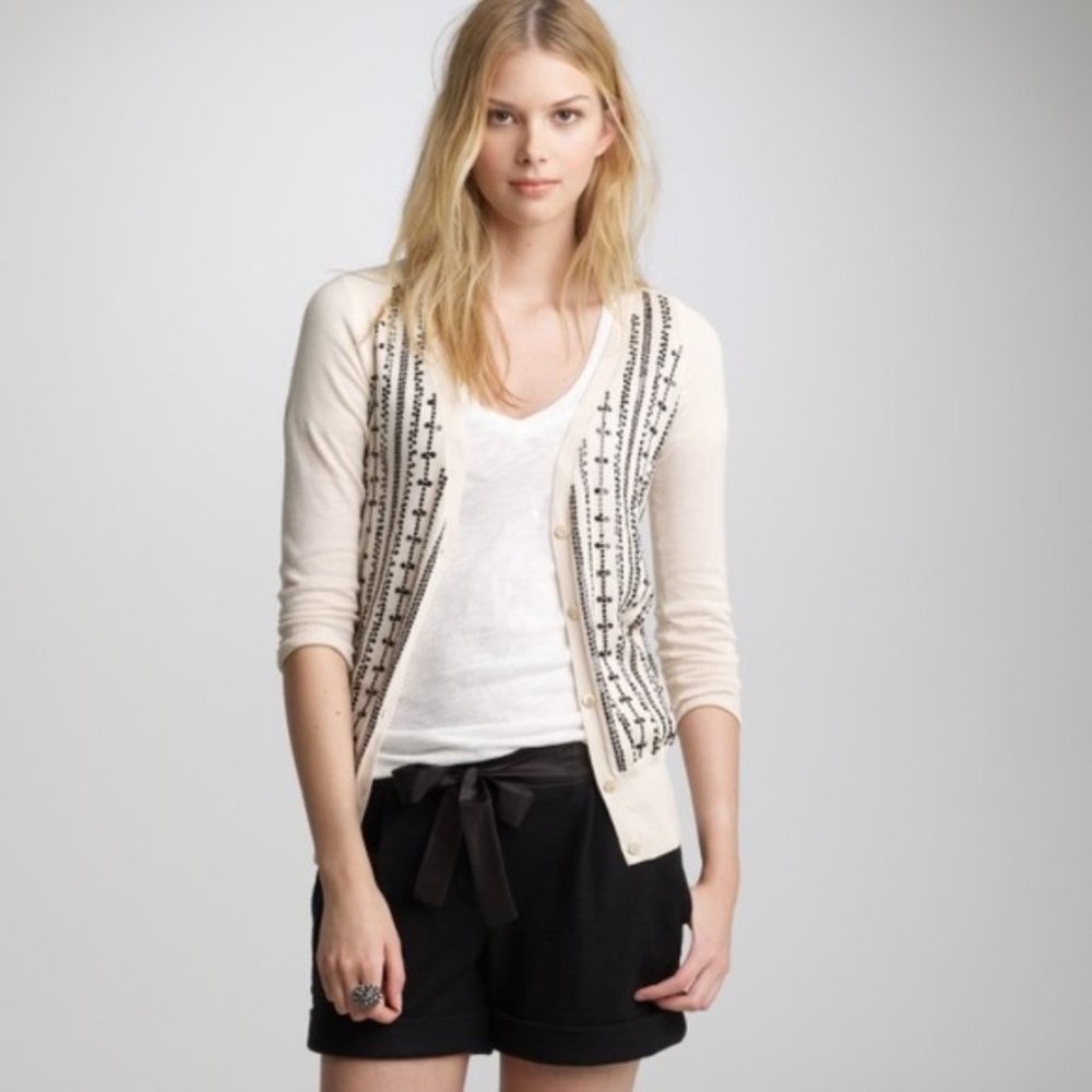 J.Crew Sequin Cardigan Cream Black Pima Cotton Wool Beaded Embellished M 2010